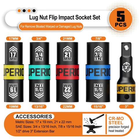 Half Inch Drive Lug Nut Impact Socket Set 5 Piece Thin Wall Flip Sockets With 3 Inch Extension Bar Laser Etched Size Markings