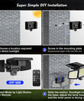 Installation steps for Solar Motion Sensor Flood Light With 210 LEDs Delivers 2500 Lumens Of Dope Outdoor Lighting shown on brick wall