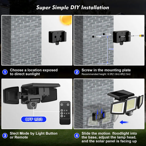 Installation steps for Solar Motion Sensor Flood Light With 210 LEDs Delivers 2500 Lumens Of Dope Outdoor Lighting shown on brick wall