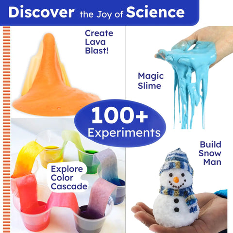 Over 100 Hands On Science Kits For Kids Ages 4 To 8 Fun STEM Experiments Safe Materials Easy Tools Ideal Gift For 6 And 7 Year Olds Totally Cool At Home Science Projects For Curious Kids, showing lava blast, magic slime, snowman, and color cascade.