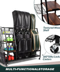 Triple Golf Bag Storage Rack With Wooden Shelf And Lockable Wheels Indoor Garage Organizer For 3 Golf Bags And Gear with shoes and clubs