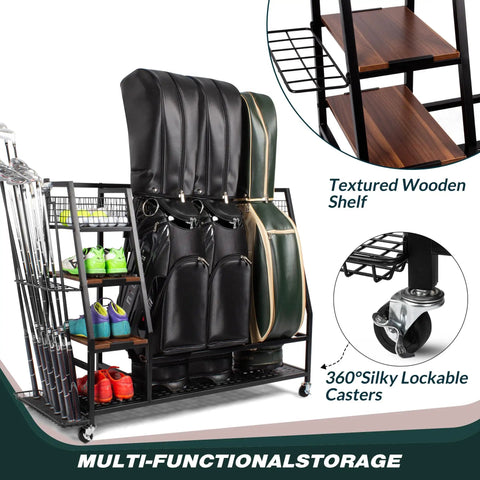 Triple Golf Bag Storage Rack With Wooden Shelf And Lockable Wheels Indoor Garage Organizer For 3 Golf Bags And Gear with shoes and clubs