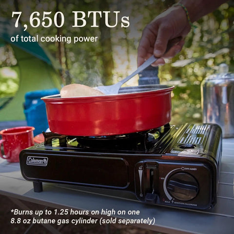 Portable Camping Stove With Carry Case And InstaStart Ignition 1 Burner Butane Cooktop Adjustable Burner Delivers 7650 BTUs in use