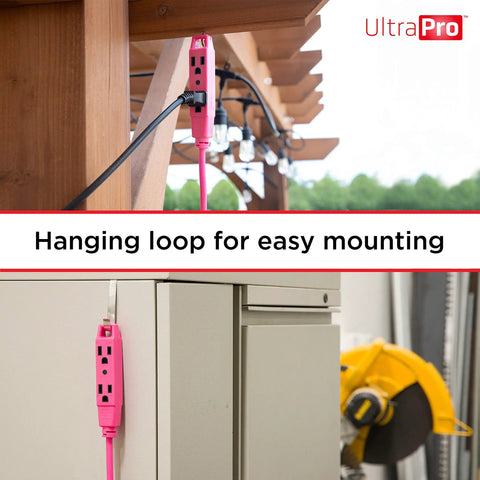 Heavy Duty 15 Foot Extension Cord With Three Outlets, hot pink, hanging on a hook for easy mounting