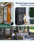 Adjustable Door Grille For 30 To 36 Inches Wide Doors Easy Install Bronze Finish No Fuss Fit Durable Construction Cut To Size To Fit Flat Or Irregular Openings Ideal For Home Office And Commercial Use shown in versatile applications including a screen door with a dog and child.