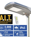 2000 Lumen Solar Street Light with Motion Sensor, Remote Control, Dusk to Dawn Flood Light on metal pole, waterproof design.