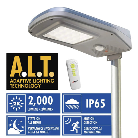 2000 Lumen Solar Street Light with Motion Sensor, Remote Control, Dusk to Dawn Flood Light on metal pole, waterproof design.