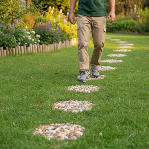 Man walking on River Rock Stepping Stones Set Of 6 Hexagon Outdoor Garden Path Pavers Polished Pebbles in grassy backyard
