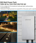 Outdoor 300W Low Voltage Transformer With Multi Tap Output 12V 13V 14V 15V For Landscape Lighting Stainless Steel Shield ETL Listed Weatherproof Power Supply next to lit pathway