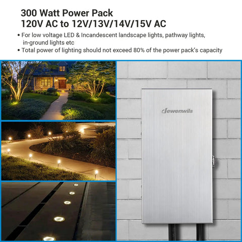 Outdoor 300W Low Voltage Transformer With Multi Tap Output 12V 13V 14V 15V For Landscape Lighting Stainless Steel Shield ETL Listed Weatherproof Power Supply next to lit pathway