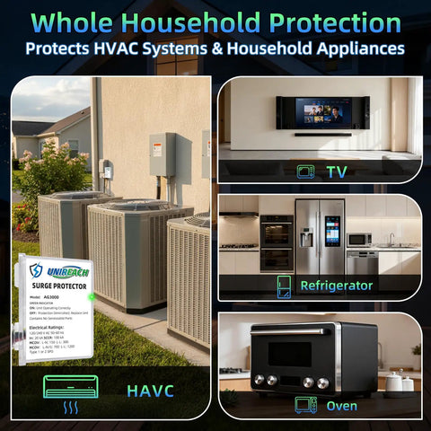 Heavy Duty Whole House HVAC Surge Protector 120/240V With TPMOV Technology protects appliances, shown with outdoor AC units.