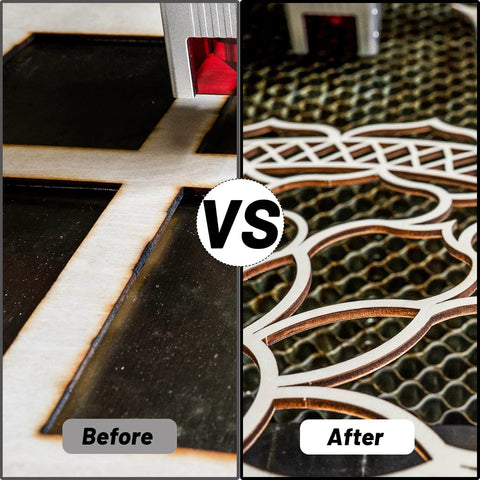 Comparison of cuts on Beefy Honeycomb Laser Bed Working Table 530x850mm before and after installation, showing improved precision.