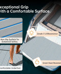 Non Slip EVA Boat Decking With 3M Adhesive Backing Self Adhesive Cuttable Traction Pad For Boats Yachts Jon Boats And Trailers Waterproof Shock Absorbent Marine Foam Flooring Mat 94 By 45 Inches shown installed on yacht with text highlighting grip and comfort features