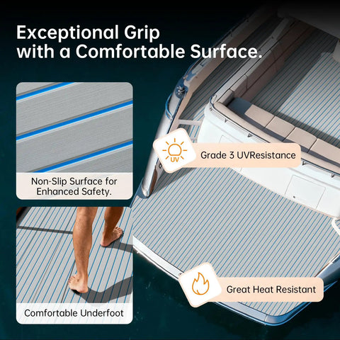 Non Slip EVA Boat Decking With 3M Adhesive Backing Self Adhesive Cuttable Traction Pad For Boats Yachts Jon Boats And Trailers Waterproof Shock Absorbent Marine Foam Flooring Mat 94 By 45 Inches shown installed on yacht with text highlighting grip and comfort features