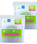 High Temp Mini Hot Glue Sticks 4 Inch 200 Count Two Pack For Crafting DIY And Repairs With Strong Bond Works With Hi Temp Mini Glue Guns Made In USA Durable, two packs displayed.