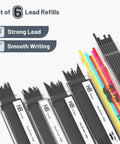 All Metal Mechanical Pencil Set Built For Drafting And Sketching With Five Lead Sizes 0.3 0.5 0.7 0.9 And 2.0 mm Pro Grade Includes HB Lead Refills And Erasers For Architecture And Drawing showing HB lead refills and colorful pencil leads.