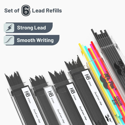 All Metal Mechanical Pencil Set Built For Drafting And Sketching With Five Lead Sizes 0.3 0.5 0.7 0.9 And 2.0 mm Pro Grade Includes HB Lead Refills And Erasers For Architecture And Drawing showing HB lead refills and colorful pencil leads.
