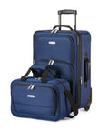 Front view: Amazon Basics navy blue softside 23-inch expandable wheeled suitcase with 15-inch tote