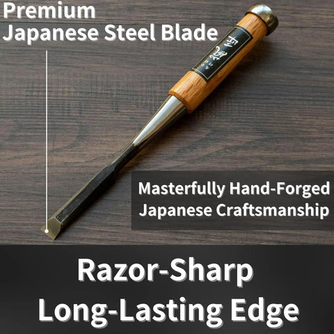 Classic Japanese Mortise Chisel 12mm Half Inch Oire Nomi For Woodworking Hella Sharp Carbon Steel Blade With Rock Solid Red Oak Handle showing premium hand-forged blade.