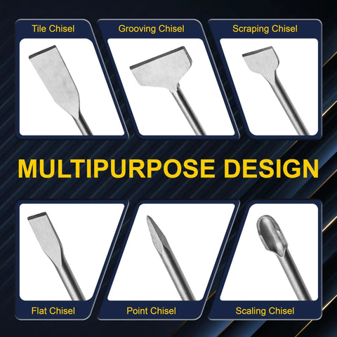 Six Piece SDS Plus Chisel Set For Concrete Tile Removal Wall Chasing And Floor Scraping Made From 40CR Steel components