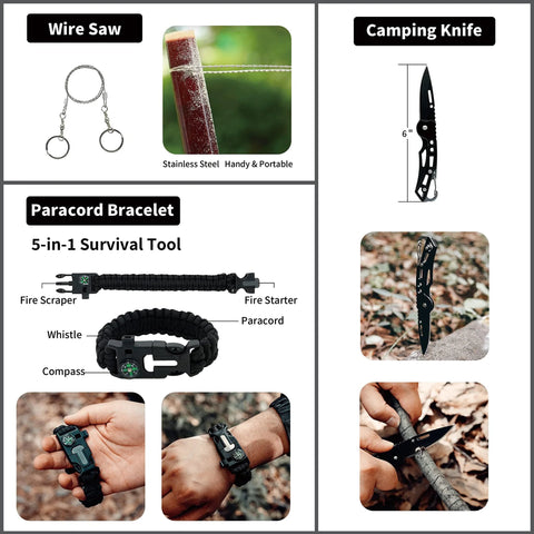 Rhino Rescue survival kit with paracord bracelet, wire saw, camping knife, and 5-in-1 tool in ranger green Molle pouch