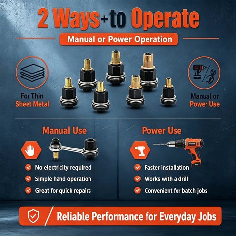 Drill Powered Rivet Nut Tool Set M3 To M12 Carbon Steel Mandrels And Head Rivet Nuts All In One Kit For Automotive Metal Fab Pro Grade DIY Fastening For Projects At Home And In The Shop, manual and drill use