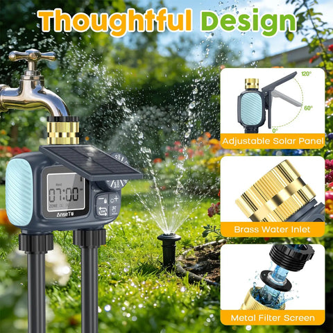 Solar Powered Sprinkler Timer With Brass Inlet Dual Outlet Garden Hose Controller displaying features in garden setting.