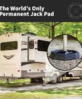 RV parked with close-up of Four Pack RV Leveling Pads For Four Point Systems With Nine Inch Round Jack Feet Adds Sixty One Percent More Surface Area For Stability Five Lbs Per Pad Eleven Inch Total Width Must Have RV Accessories