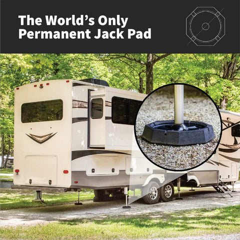 RV parked with close-up of Four Pack RV Leveling Pads For Four Point Systems With Nine Inch Round Jack Feet Adds Sixty One Percent More Surface Area For Stability Five Lbs Per Pad Eleven Inch Total Width Must Have RV Accessories