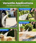 Turn Any Hose Into A Beastly High Pressure Cleaning Jet With The 2026 Upgraded Multi Function Sprayer Three Spray Modes, applications in car washing, plant watering, floor cleaning, and pet bathing.