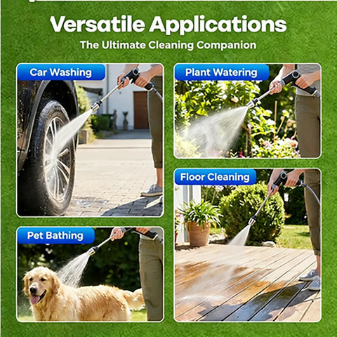 Turn Any Hose Into A Beastly High Pressure Cleaning Jet With The 2026 Upgraded Multi Function Sprayer Three Spray Modes, applications in car washing, plant watering, floor cleaning, and pet bathing.