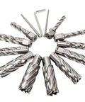 Annular cutter set, 13 pieces, metal construction, cutting range 7/16 to 1-1/16 in, 2 in depth; includes 2 pilot pins