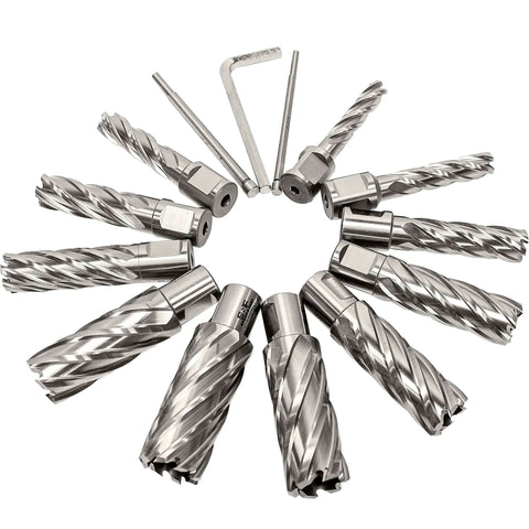 Annular cutter set, 13 pieces, metal construction, cutting range 7/16 to 1-1/16 in, 2 in depth; includes 2 pilot pins