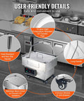User-friendly details of Saditesdk Commercial Deep Fryer Oil Filter Machine 300 Watt with stainless steel, handles, and wheels.
