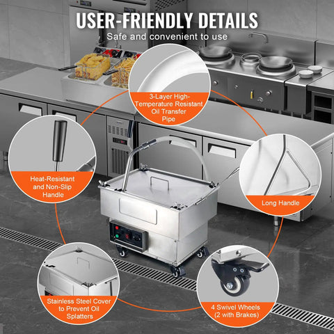 User-friendly details of Saditesdk Commercial Deep Fryer Oil Filter Machine 300 Watt with stainless steel, handles, and wheels.
