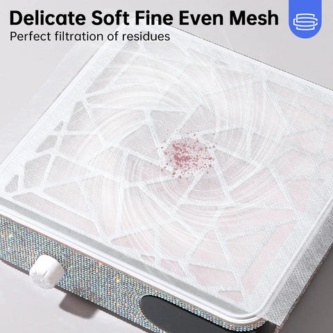 Close-up of 50 Pack Nail Dust Collector Filter Paper Pads For Nail Pros Lightweight PP Material Replacement Cotton Film Sheets Vacuum Dust Collector Filters 19 By 24 Cm Trim To Fit Salon Grade Nail Supply showing delicate mesh design.