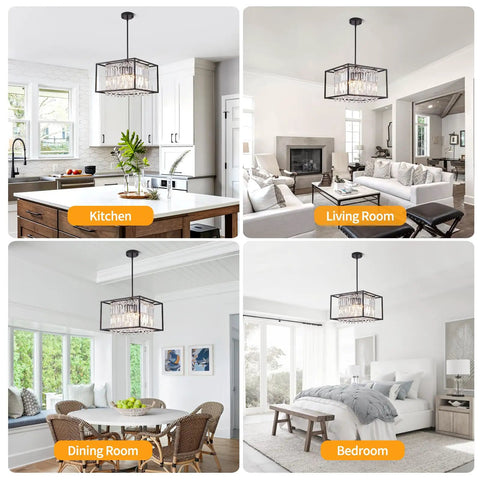 Modern Farmhouse Black Metal 4 Light Chandelier With Crystal Square Pendant Lights Industrial Pendant Light For Dining Room Kitchen Island Living Room Foyer Hallway Entryway 15.75 Inch