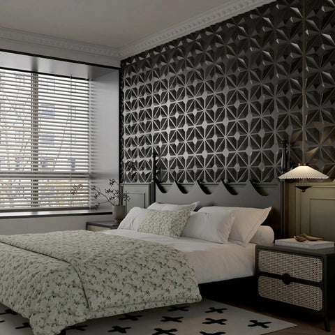 Bedroom with Decorative 3D Wall Panels Black PVC 12x12 Inch Tiles, Pack Of 33 Covers 32 Sq Ft Textured Dope Interlocking Wall Art