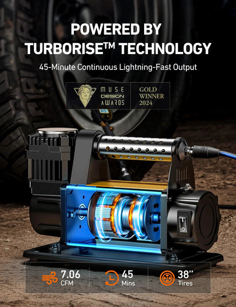 Trail Ready Portable Air Compressor Bad Boy 12 Volt Tire Inflator with Gutsy 150 Psi visible internal mechanics and energy gauge.