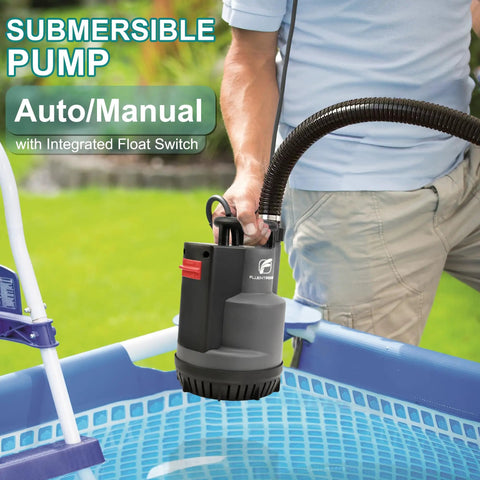 Submersible Sump Pump 3/4HP 3300GPH Utility Water Pump with Auto Manual Control in use for pool drainage.