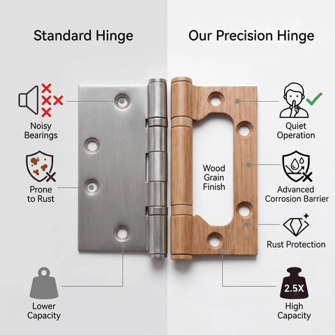 Comparison of standard hinge and heavy duty 4 inch ball bearing door hinges with silky smooth operation and rock solid 304 stainless steel build featuring a matte wood grain finish.