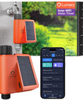 Dope Solar WiFi Sprinkler Timer With Flow Monitor and smartphone app, orange casing, solar panel, 10W USB-C charging, wall installation