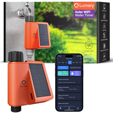 Dope Solar WiFi Sprinkler Timer With Flow Monitor and smartphone app, orange casing, solar panel, 10W USB-C charging, wall installation