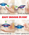 Hand Operated Scoot Drone For Kids And Adults With Hands Free Motion Sensor LED Indoor UFO Toy Rechargeable Flying Orb Ball Drone For Boys And Girls Blue Easy Toss To Launch And Hover For Beginners shown in flying steps with hands