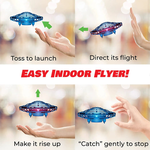 Hand Operated Scoot Drone For Kids And Adults With Hands Free Motion Sensor LED Indoor UFO Toy Rechargeable Flying Orb Ball Drone For Boys And Girls Blue Easy Toss To Launch And Hover For Beginners shown in flying steps with hands