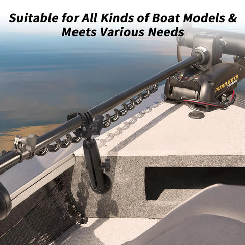 Rock Solid Trolling Motor Stabilizer Mount With Grippy Silicone Grip Reduces Bounce And Vibration, mounted on boat rail