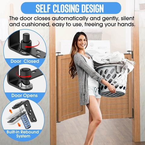 Woman carrying laundry through door with Heavy Duty Self Closing Saloon Door Hinges 304 Stainless Steel Self Return Dual Swing Cafe Hinges