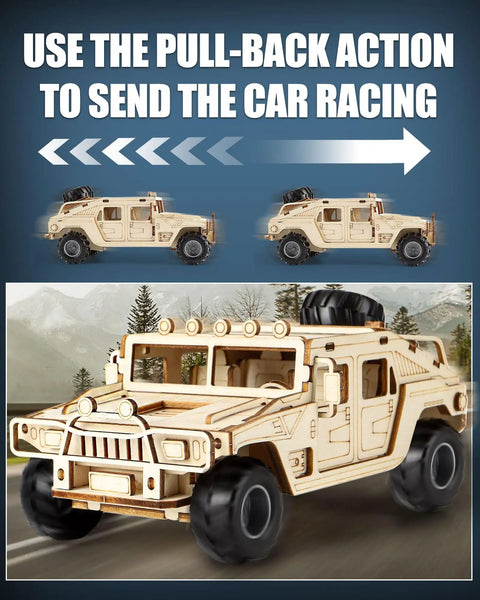 Off Road 3D Wooden Puzzle Car Kit For Adults, Easy To Build SUV Model With 65 Pre Cut Pieces, DIY Wood Toy For Builders, Realistic Detail And Fun Challenge; pull-back wooden SUV