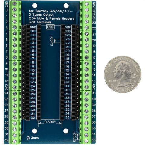 48 Pin Breakout Board For Teensy 3.5 3.6 4.1 With Screw Terminals And 3 Output Types shown next to a quarter for scale.