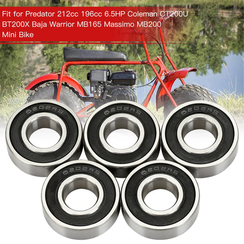 Close-up of five 6202RS minibike wheel bearings with metal outer race and black seals.